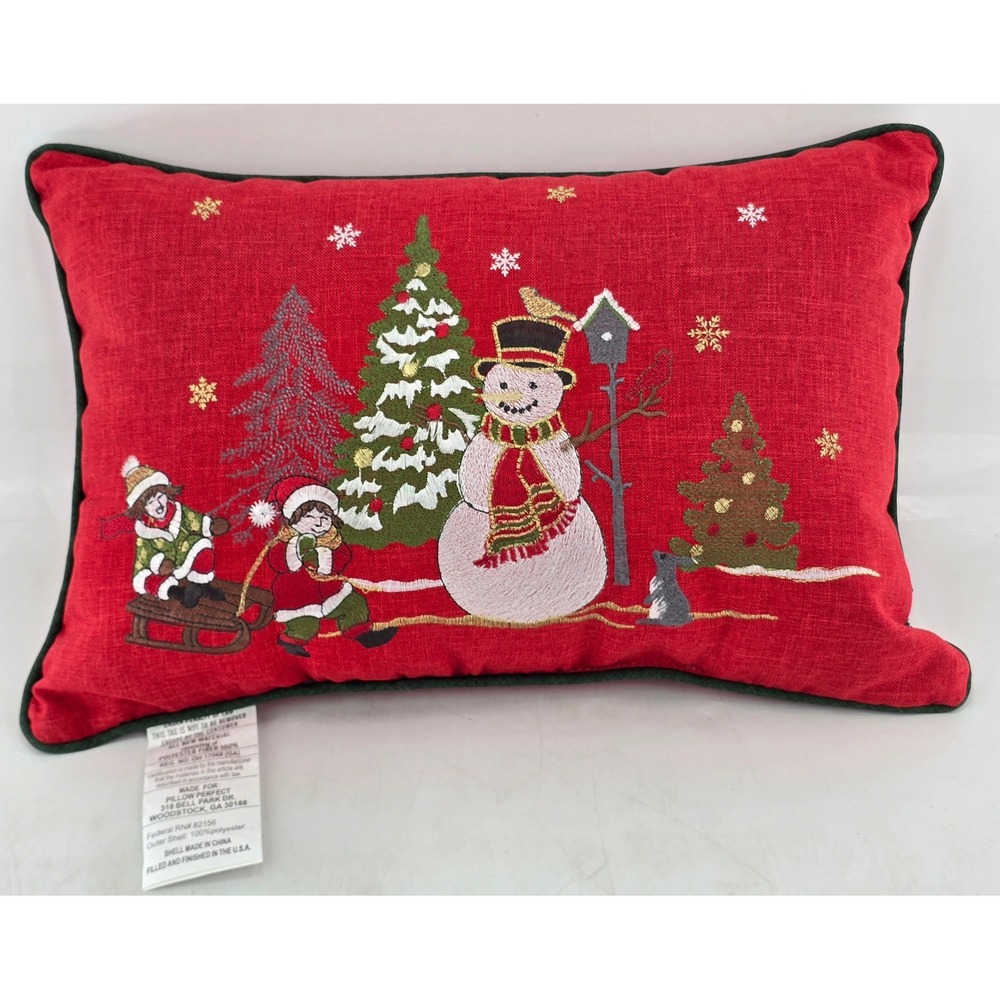 Pillow Perfect Christmas Snowman Pillow Red Rectangular Embroidered - NEW